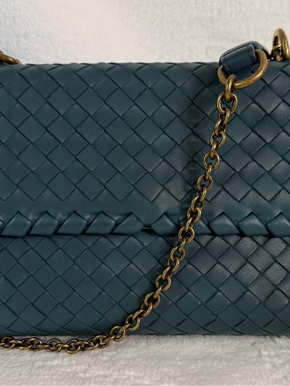 Bottega Veneta Teal Woven Leather Shoulder Bag with Antique Gold Chain